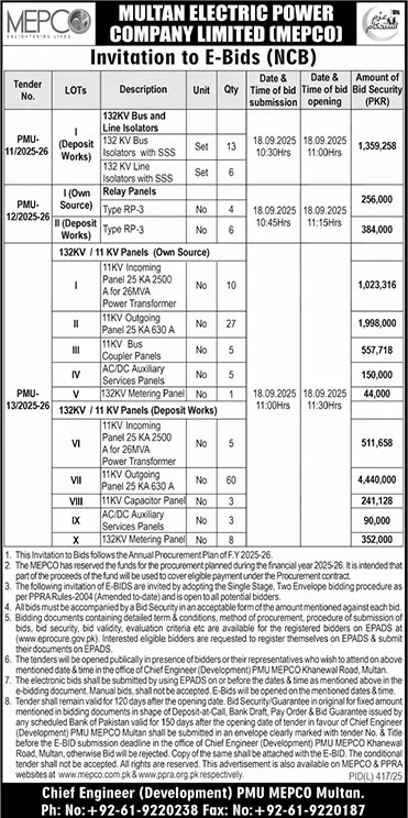Multan Electric Power Company Limited Tender Notice